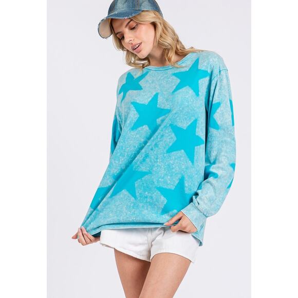 SAGE + FIG Mineral Wash Star Graphic Print Long Sleeves T-Shirt | Aqua Blue - Picture 2 of 6